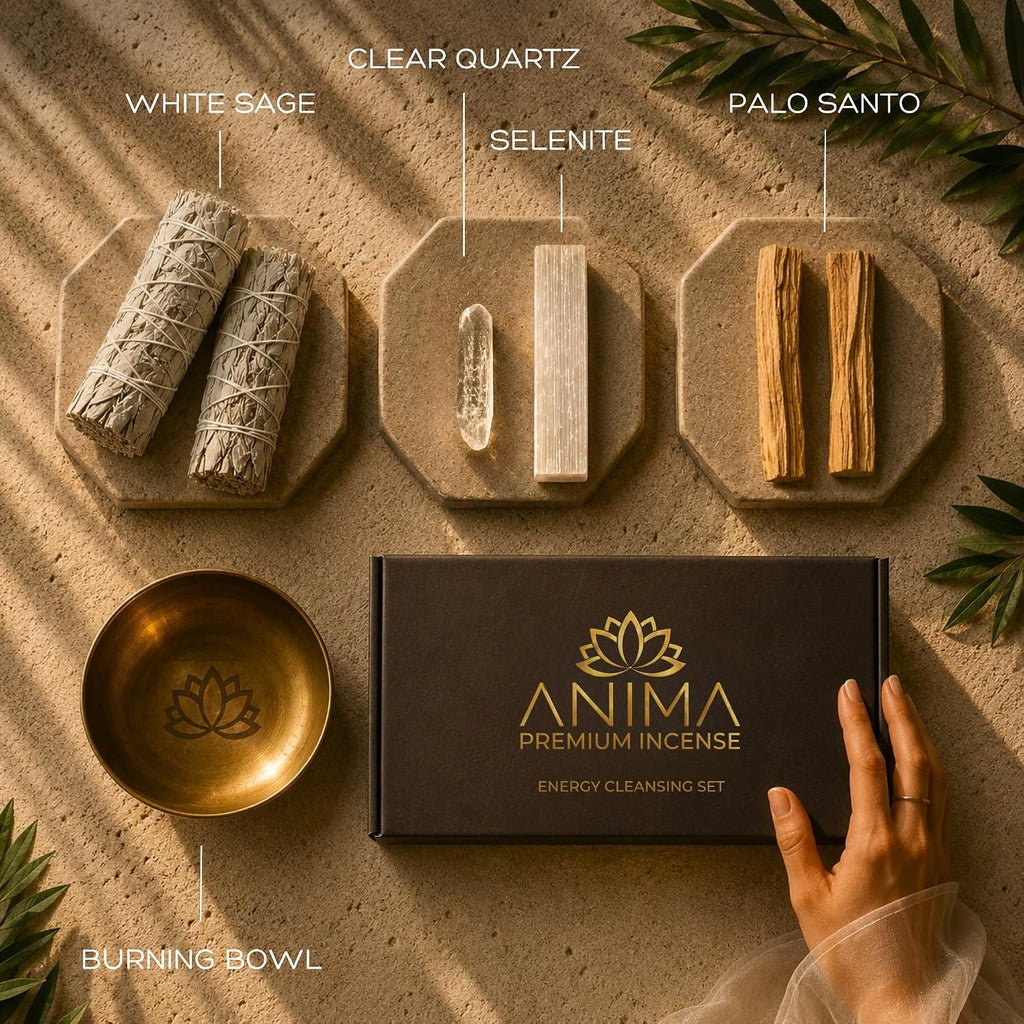 Premium Energy Cleansing Set – White Sage Smudge Sticks, Palo Santo Sticks, Clear Quartz & Selenite Crystal with Smudge Bowl for Crystals & Home Cleansing, Meditation & Manifestation