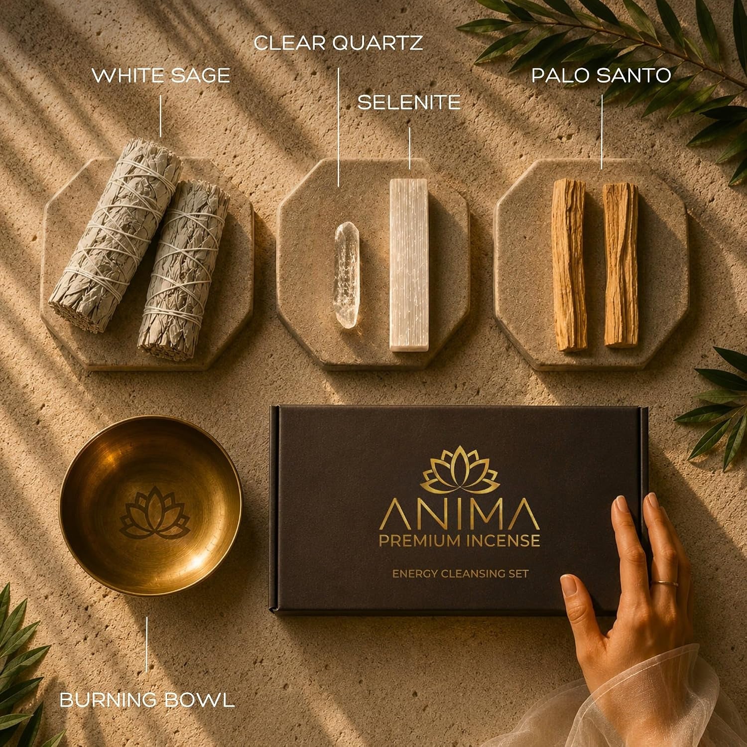 Premium Energy Cleansing Set – White Sage Smudge Sticks, Palo Santo Sticks, Clear Quartz & Selenite Crystal with Smudge Bowl for Crystals & Home Cleansing, Meditation & Manifestation