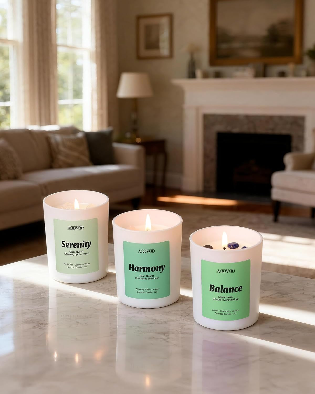 Calm Candles Set for Women - 4 Pack Candles for Home Scented, 28 Oz 200 Hour Burn, Aromatherapy Candle with Crystals, Lavender Calm/Jasmine Serenity/Water Lily Pear Harmony/Patchouli Balance