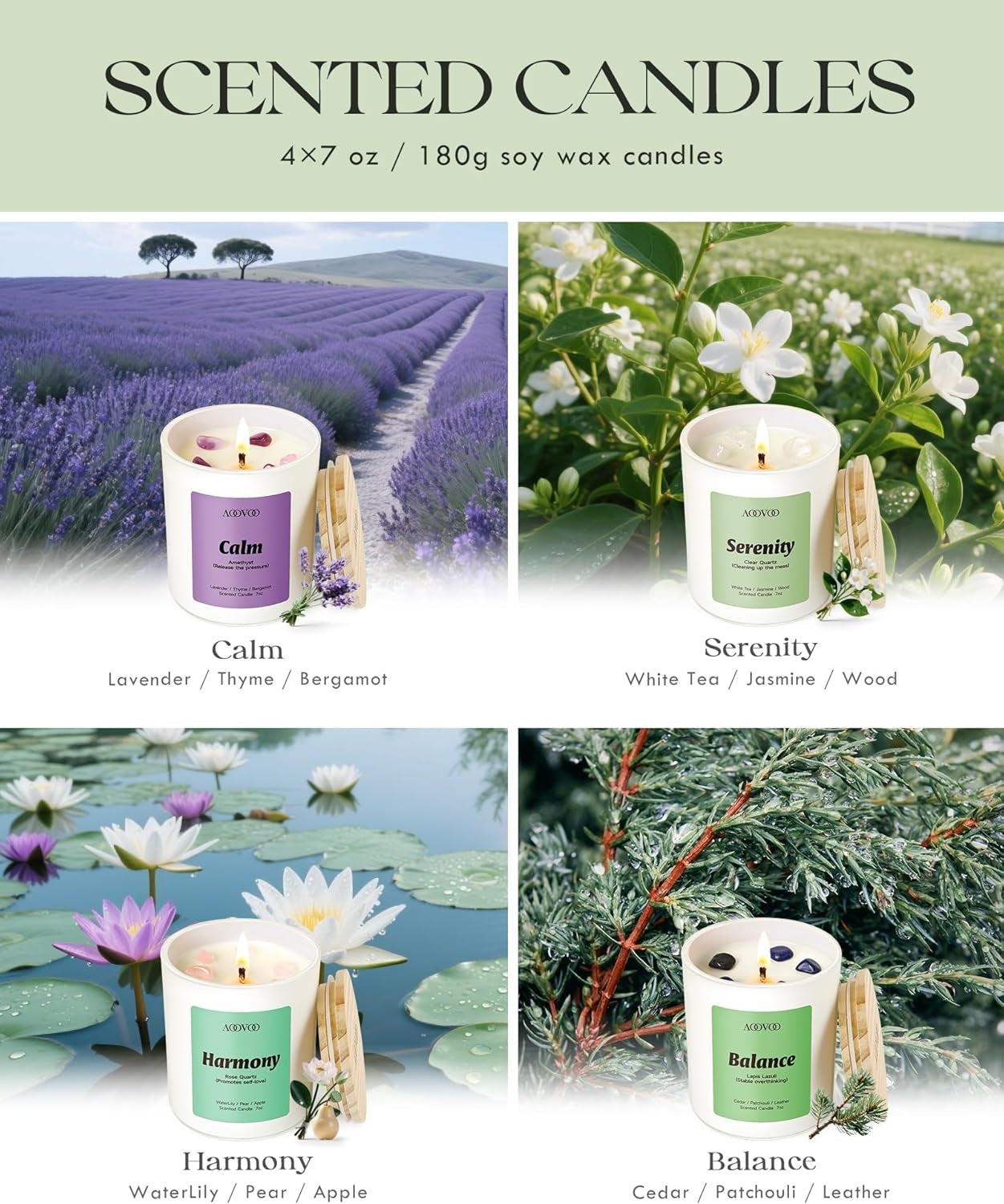 Calm Candles Set for Women - 4 Pack Candles for Home Scented, 28 Oz 200 Hour Burn, Aromatherapy Candle with Crystals, Lavender Calm/Jasmine Serenity/Water Lily Pear Harmony/Patchouli Balance