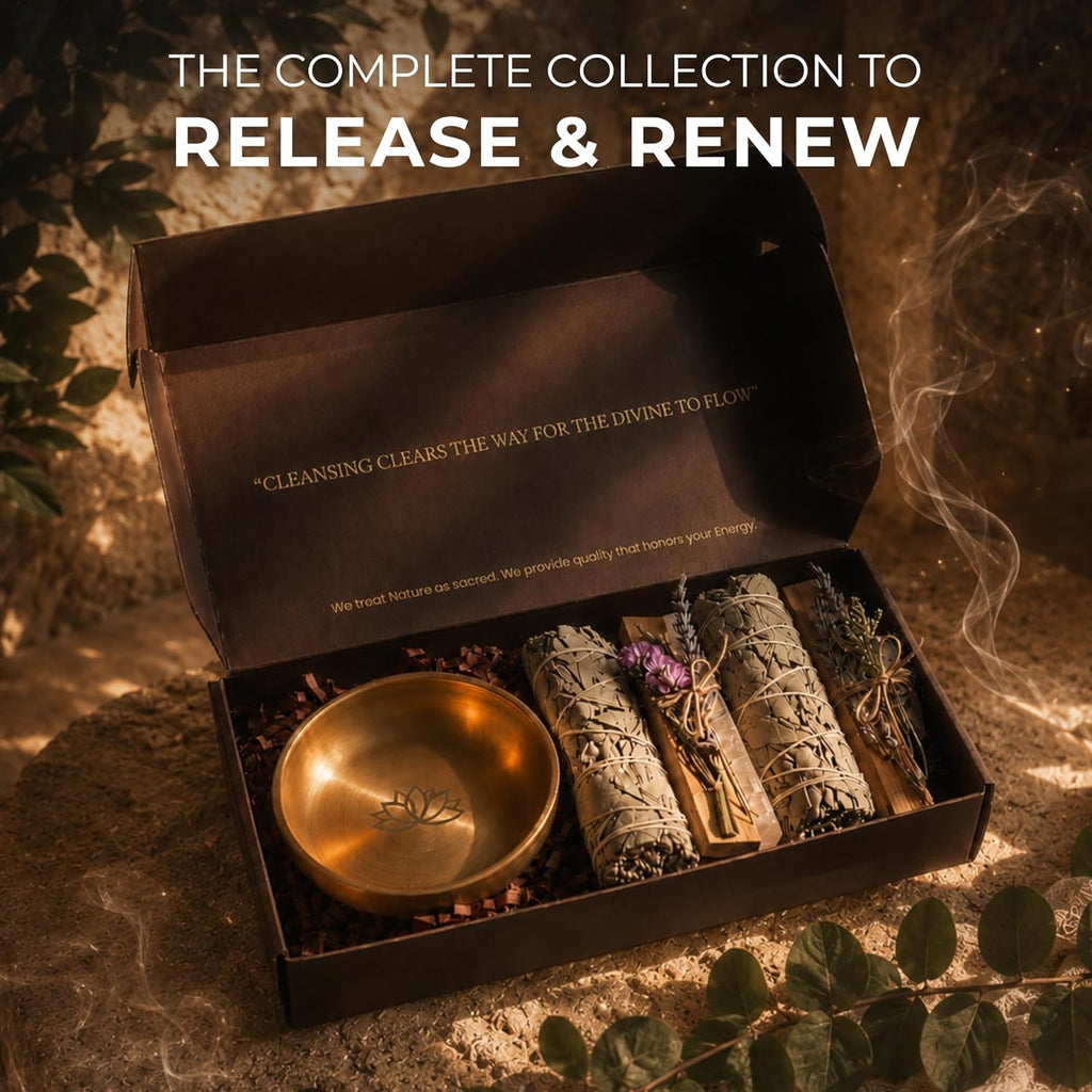Premium Energy Cleansing Set – White Sage Smudge Sticks, Palo Santo Sticks, Clear Quartz & Selenite Crystal with Smudge Bowl for Crystals & Home Cleansing, Meditation & Manifestation