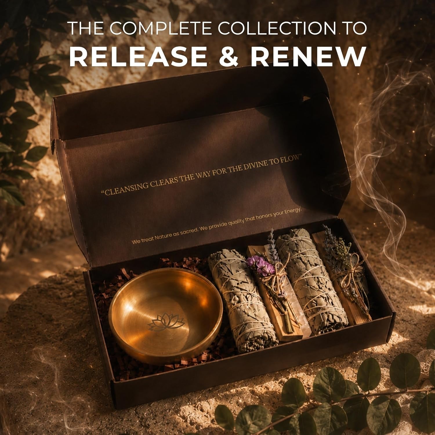 Premium Energy Cleansing Set – White Sage Smudge Sticks, Palo Santo Sticks, Clear Quartz & Selenite Crystal with Smudge Bowl for Crystals & Home Cleansing, Meditation & Manifestation