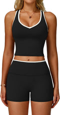 Women 2 Piece Workout Sets Racerback Color Block Tank Top High Waist Tummy Control Shorts Yoga Outfits