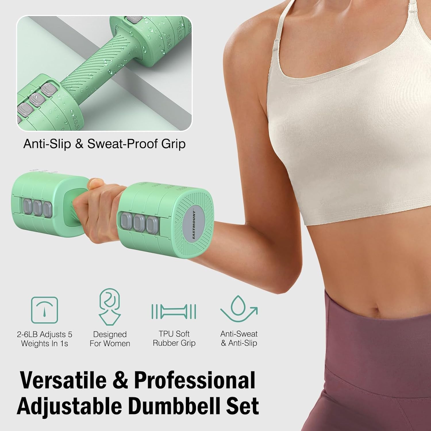 Adjustable Weight Dumbbells Set of 2, 8 in 1 Hand Weights for Women 2Lb/3Lb/4Lb/5Lb/6Lb Dumbbell Weights Set 12 Lbs/Pair Hand Weights for Home Office Gym Workout