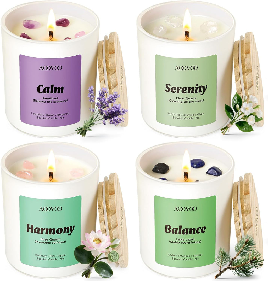 Calm Candles Set for Women - 4 Pack Candles for Home Scented, 28 Oz 200 Hour Burn, Aromatherapy Candle with Crystals, Lavender Calm/Jasmine Serenity/Water Lily Pear Harmony/Patchouli Balance