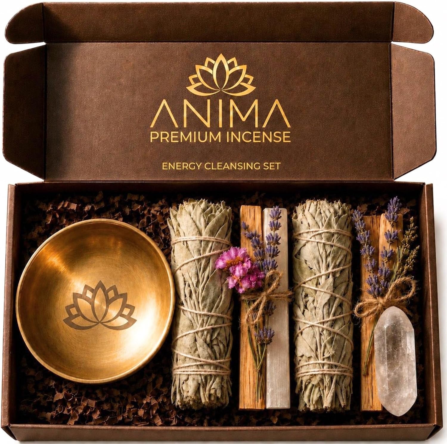 Premium Energy Cleansing Set – White Sage Smudge Sticks, Palo Santo Sticks, Clear Quartz & Selenite Crystal with Smudge Bowl for Crystals & Home Cleansing, Meditation & Manifestation