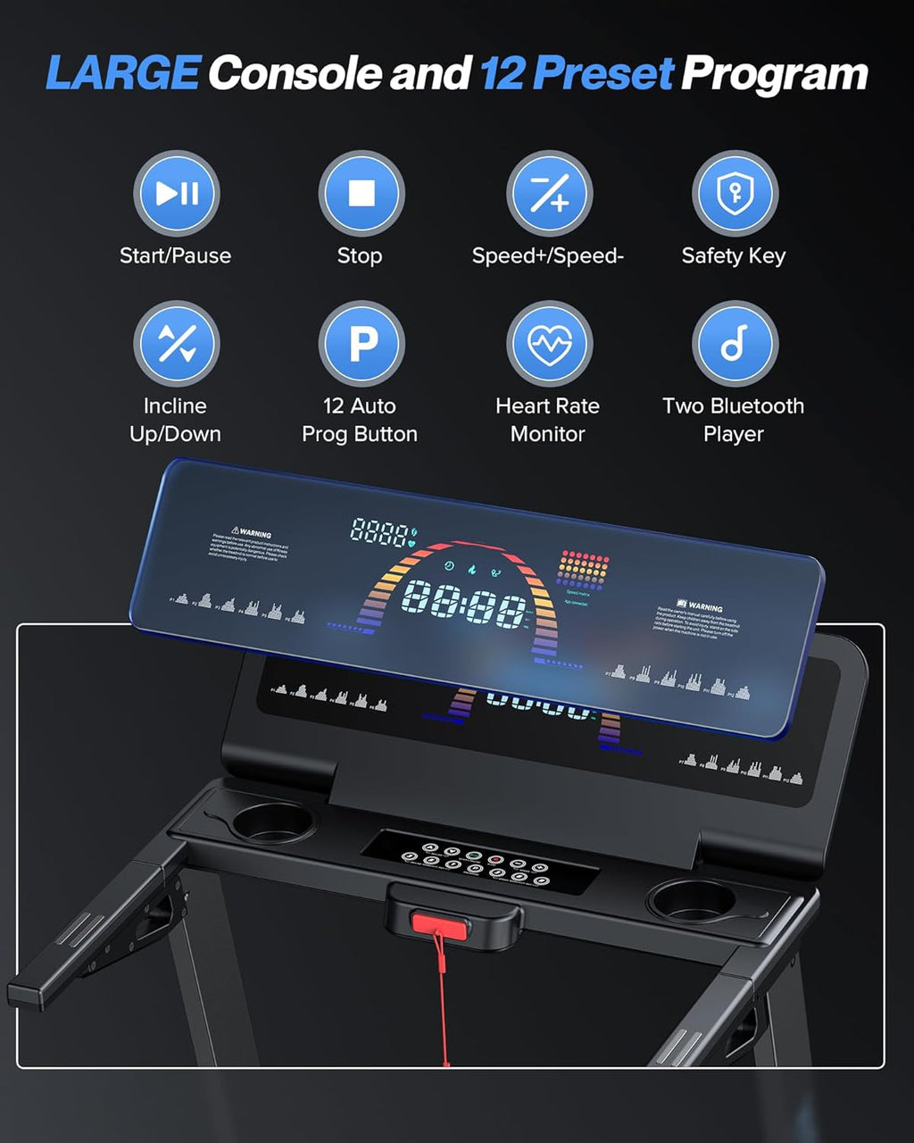 Auto Incline Treadmill, 15% Incline Heavyduty Treadmill with Pulse Sensor, 4.5HP, 10 MPH, 500 Lbs Capacity, 20'' X 55'' Running Area Treadmills with Bluetooth Player & LED Display