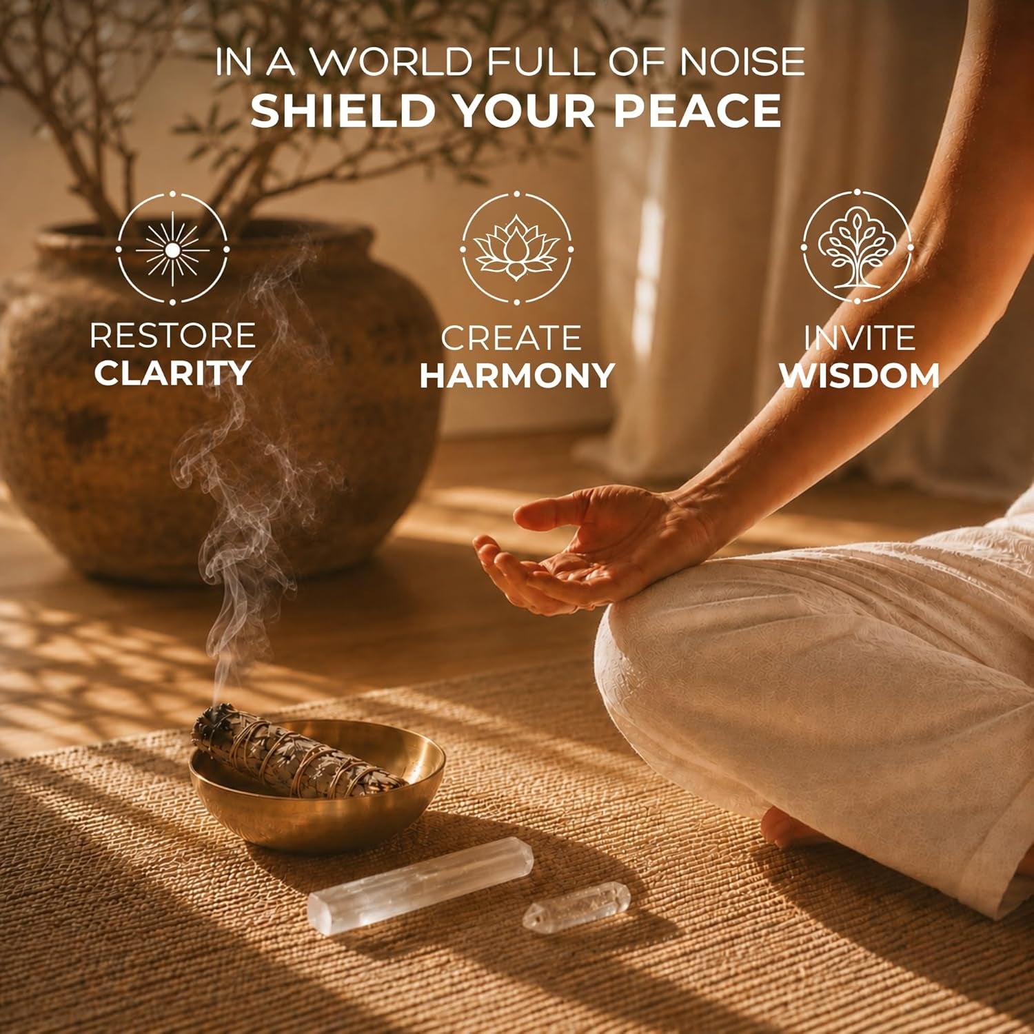 Premium Energy Cleansing Set – White Sage Smudge Sticks, Palo Santo Sticks, Clear Quartz & Selenite Crystal with Smudge Bowl for Crystals & Home Cleansing, Meditation & Manifestation