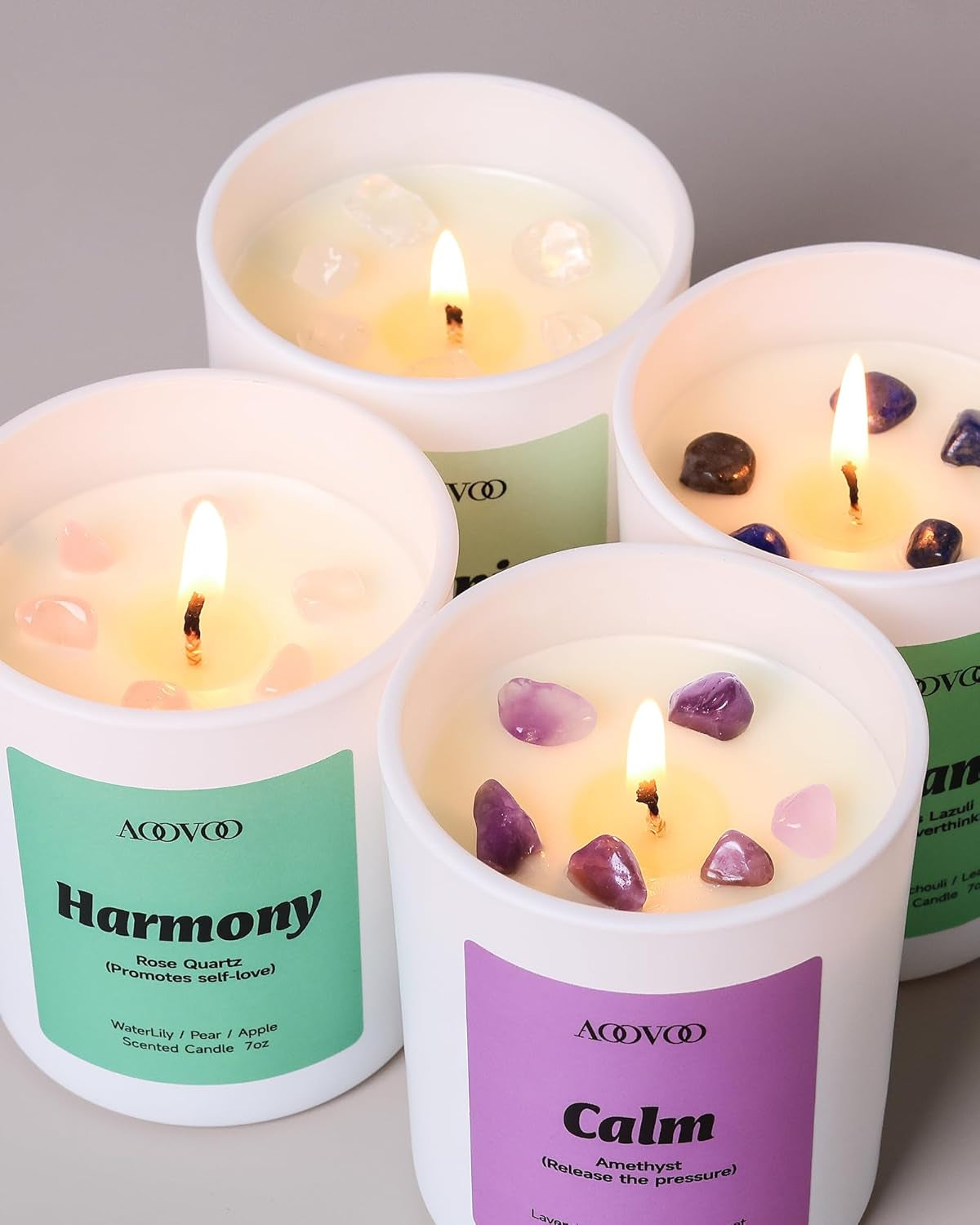Calm Candles Set for Women - 4 Pack Candles for Home Scented, 28 Oz 200 Hour Burn, Aromatherapy Candle with Crystals, Lavender Calm/Jasmine Serenity/Water Lily Pear Harmony/Patchouli Balance