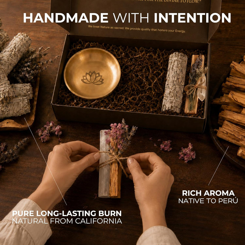 Premium Energy Cleansing Set – White Sage Smudge Sticks, Palo Santo Sticks, Clear Quartz & Selenite Crystal with Smudge Bowl for Crystals & Home Cleansing, Meditation & Manifestation